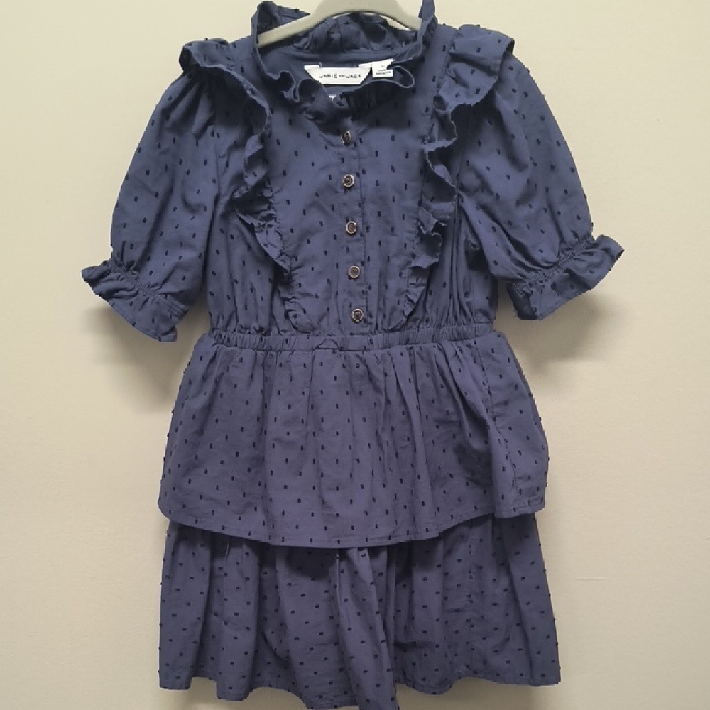 Janie And Jack Girls Navy Dress with Ruffle Details